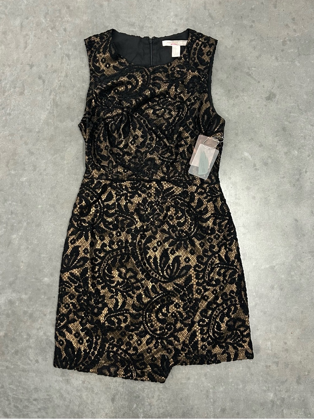 Sleeveless Black Lace Overlay Gold Sheen Dress